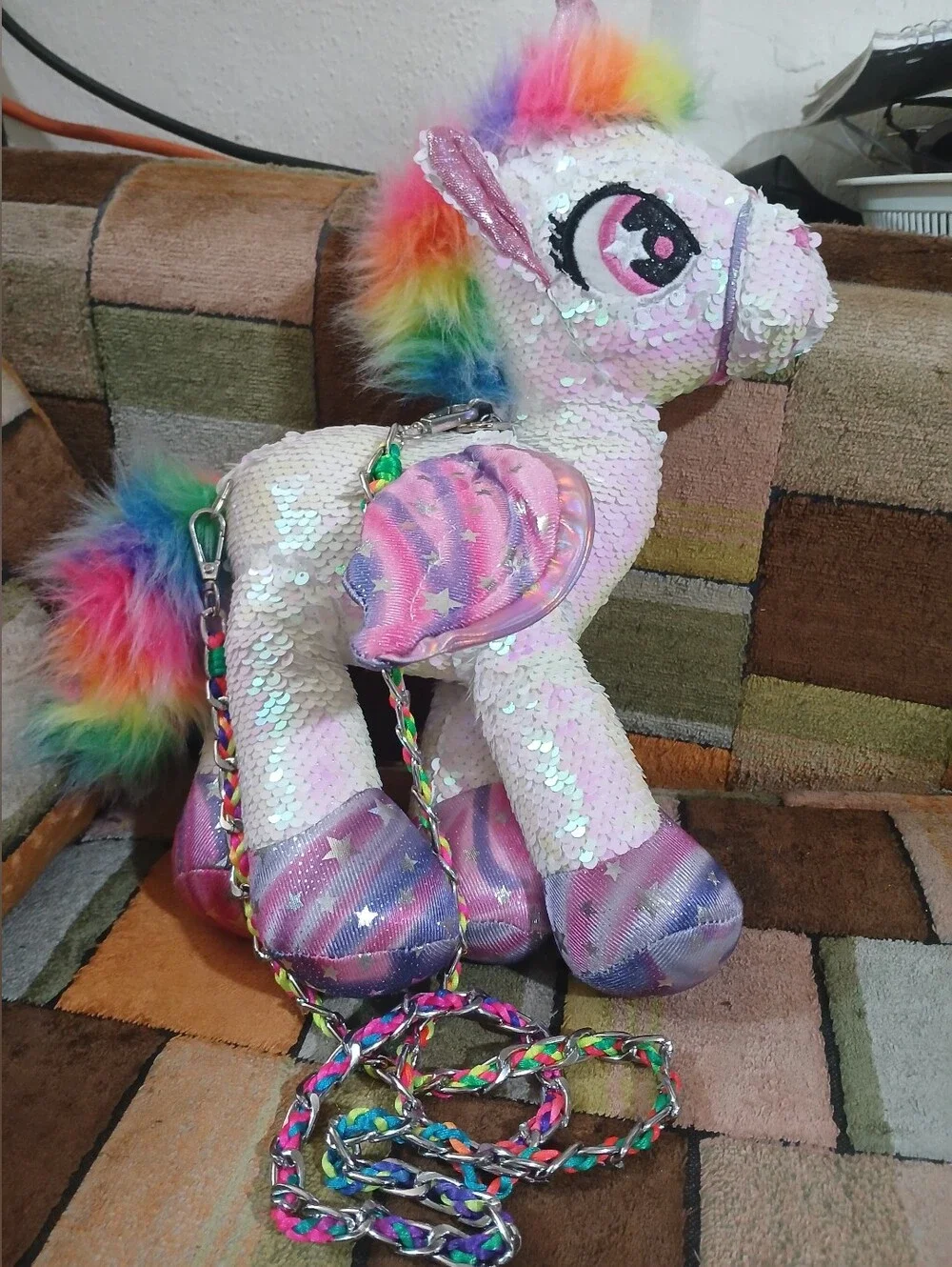 Sequin Rainbow Mane Unicorn Plush Crossbody Bag - White Rainbow